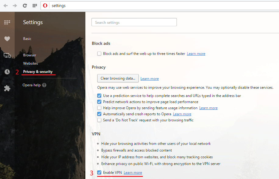 Opera VPN settings