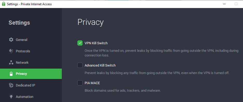 Private Internet Access kill switch & advanced kill switch. 