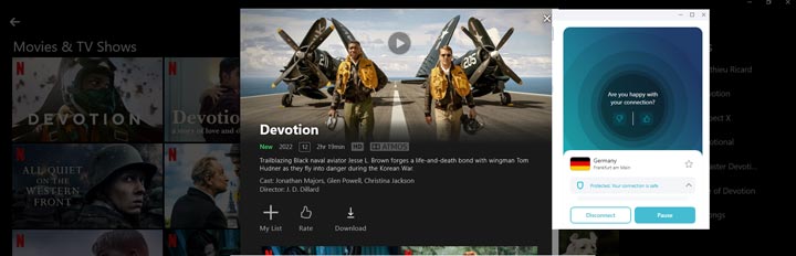 Devotion movie available in Germany Netflix catalogue. Accessed with Surfshark